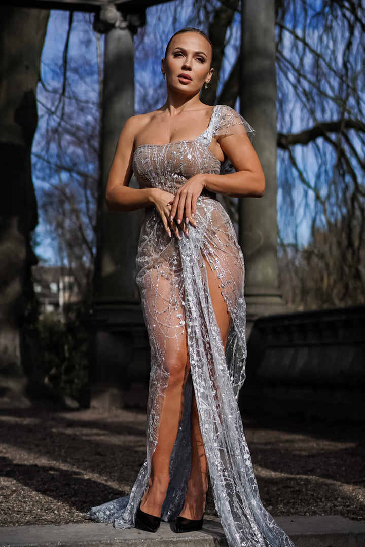 Off Shoulder Sequin Mesh Maxi Dress