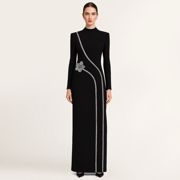 Zarellia Black Stone Embellished Padded Shoulder Dress