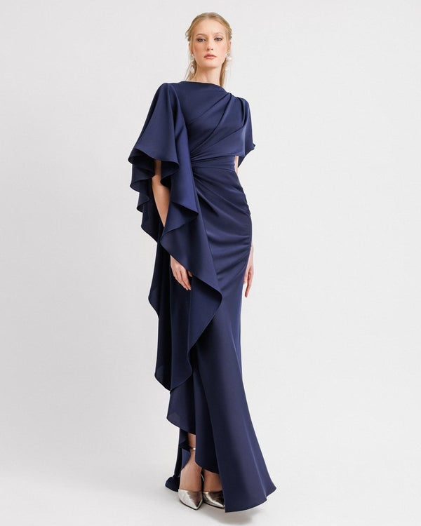 Asymmetrical Ruffled Draped Navy Maxi Dress