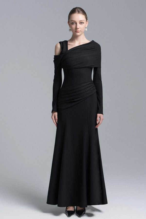 Black Twisted Shoulder Midi Dress