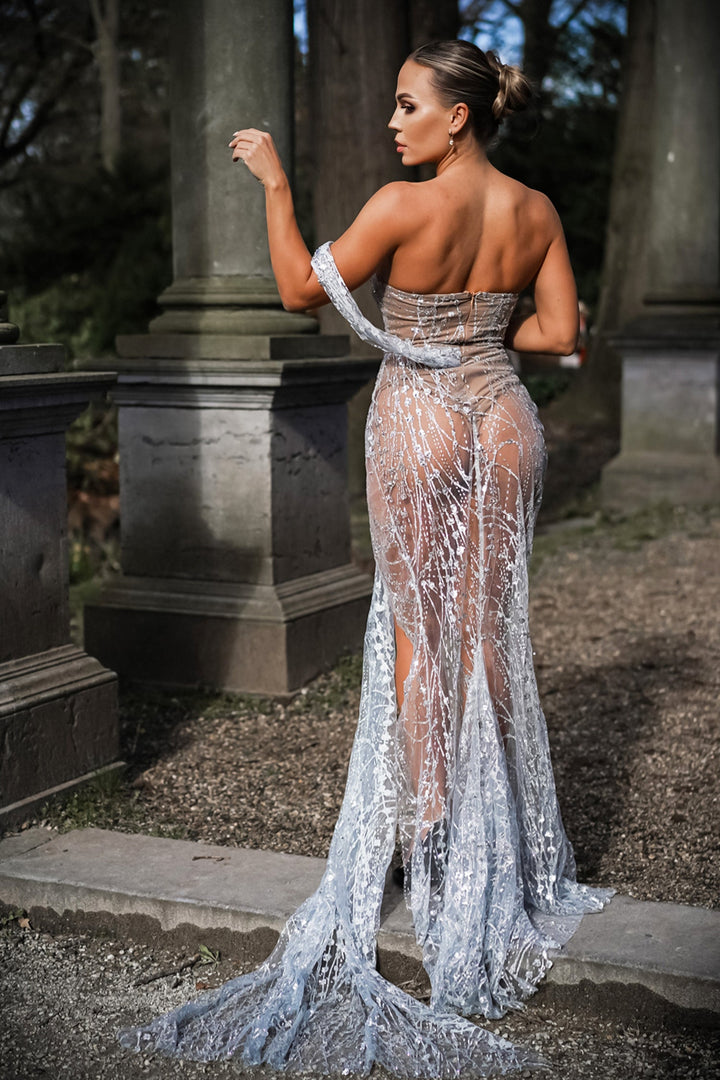 Glitter Sequin Mesh Slit Maxi Dress
