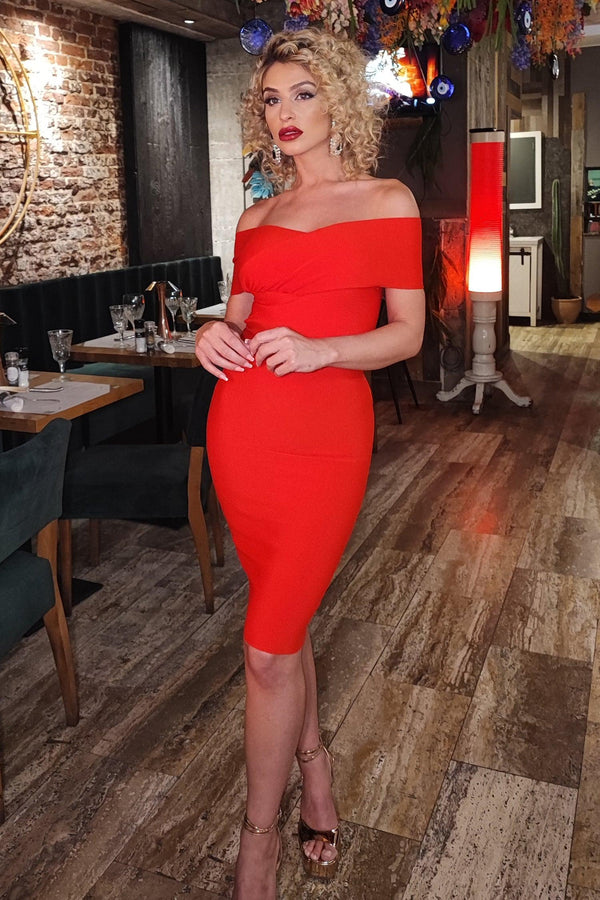 Off Shoulder Bandage Midi Cocktail Dress - Red - Bellabarnett