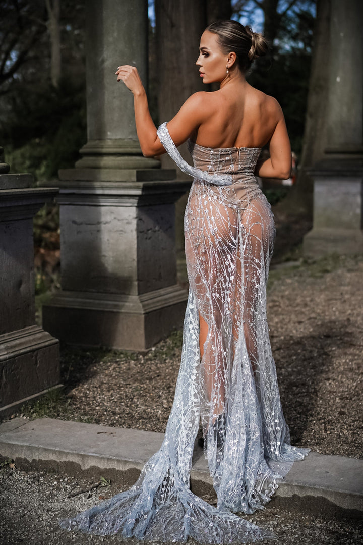 Off Shoulder Sequin Mesh Maxi Dress