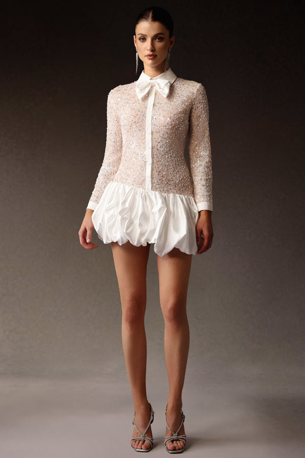 Theodora Long Sleeveless Embroidery Lace Sequin Puff Mini Dress