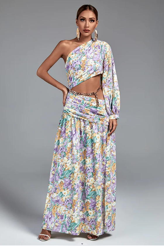 Camila One Shoulder Floral Slit Maxi Dress - Purple