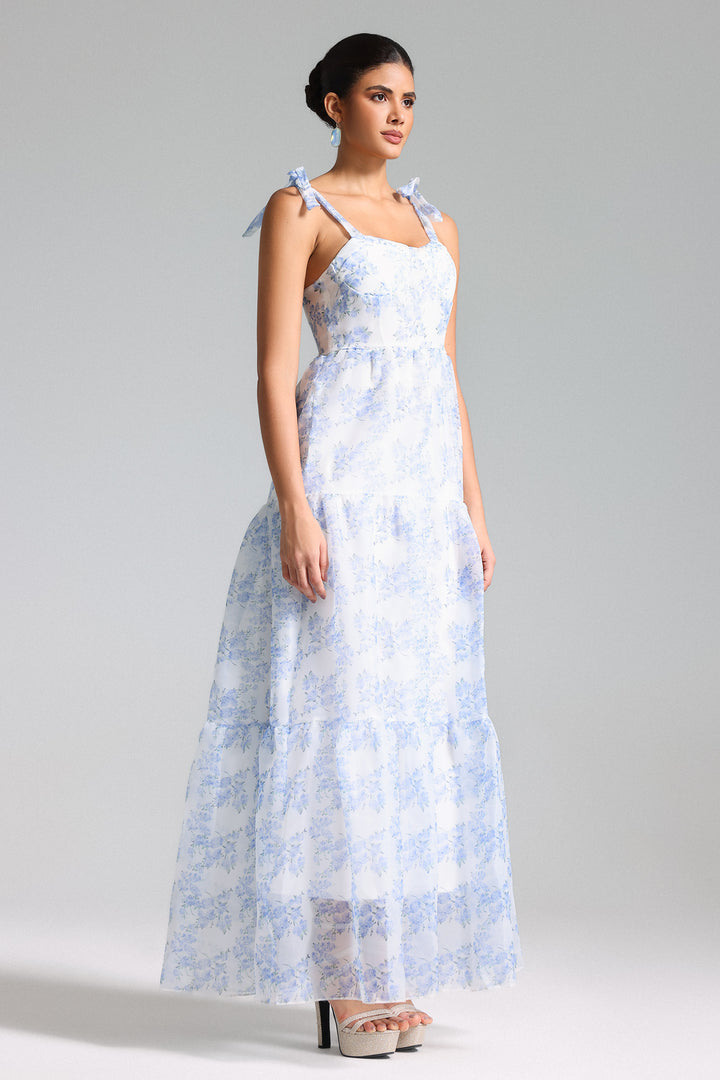Kapol Flower Print Mesh Maxi Dress