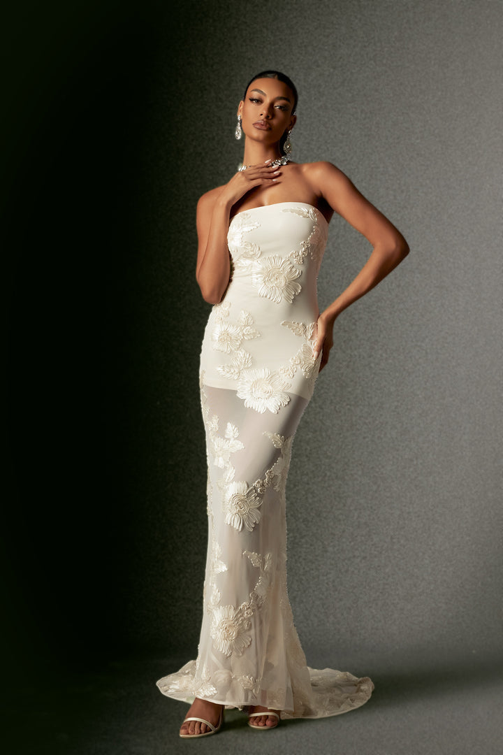 Deliyn Strapless Embroidery Flower Mesh Maxi Dress