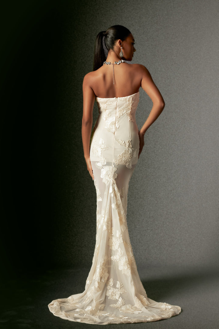 Deliyn Strapless Embroidery Flower Mesh Maxi Dress