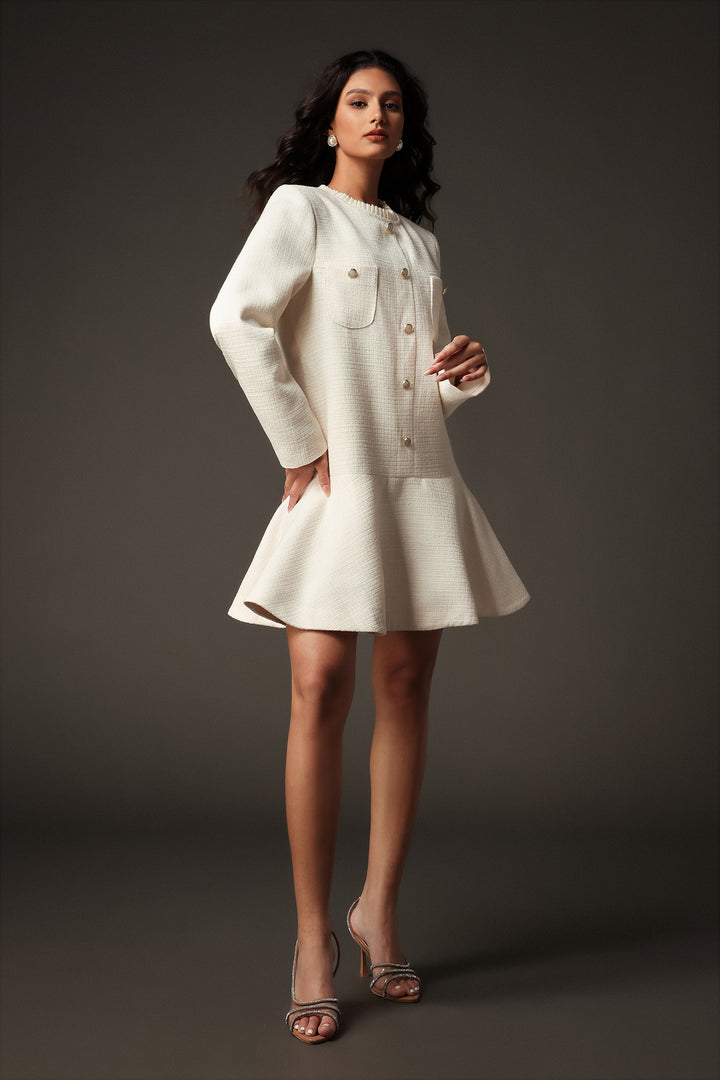 Tusare Round Neck Long Sleeves Mini Dress