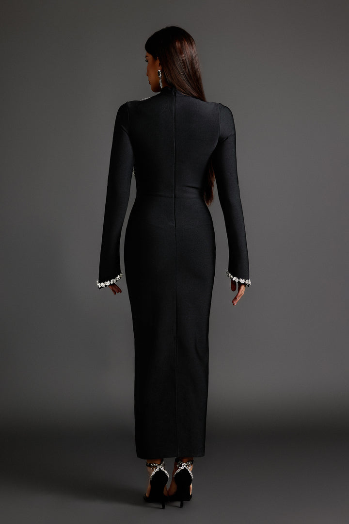 Hutuny Diamond Setting Long Sleeve Bandage Maxi Dress