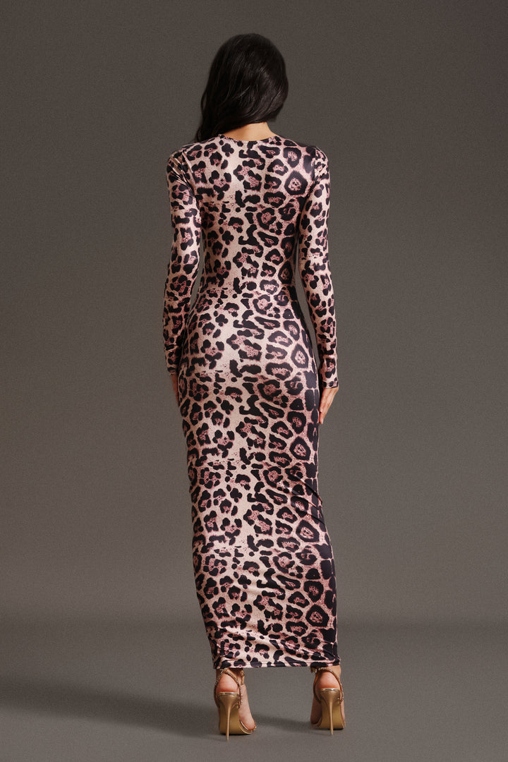Viney Leopard Print Printing Round Neck Long Sleeves Maxi Dress