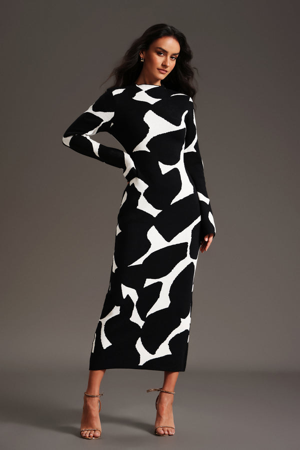 Sadala Leopard Print Round Neck Long Sleeves Maxi Dress