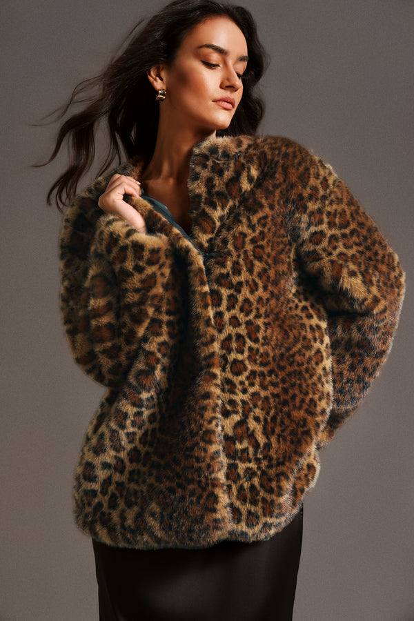 Mirae Leopard Print Long Sleeves Printing Fur Coat