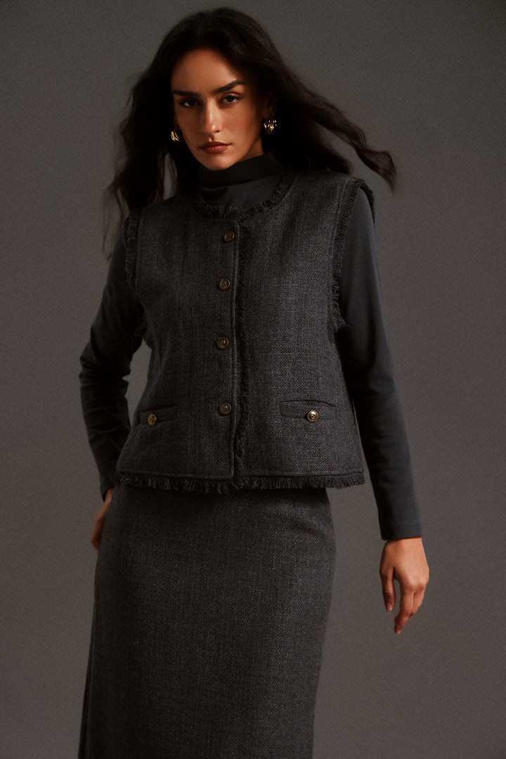 Xenia Long Sleeves Vest Skirt Set
