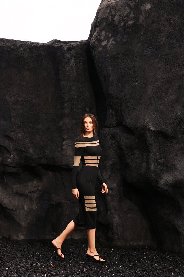 Xynia Long Sleeves Netting Bandage Midi Dress