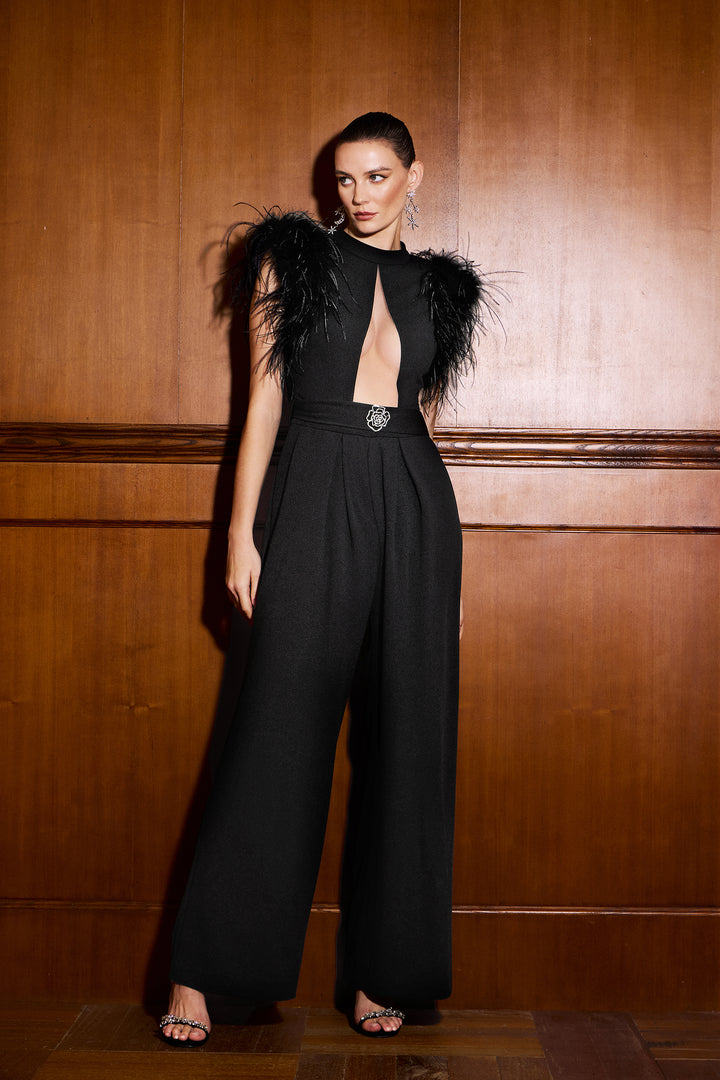 Kyler Artificial Feather Hollow Maxi Jumpsuit