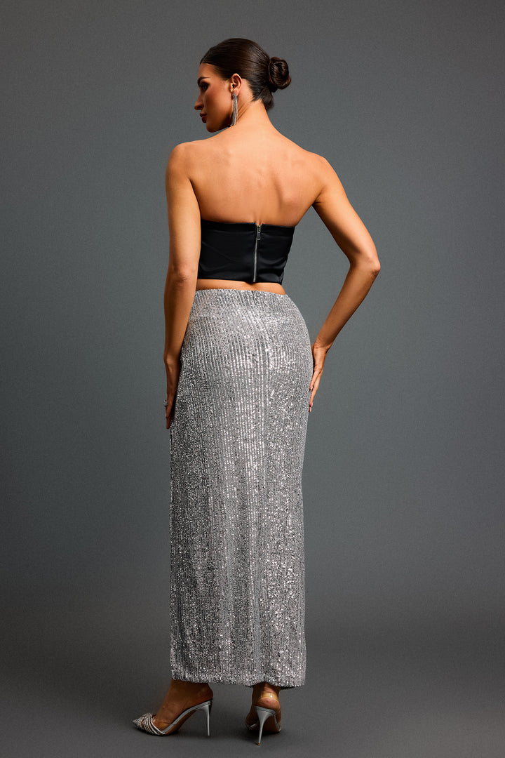 Kaci Flowers Sequin High Slit Maxi Skirt