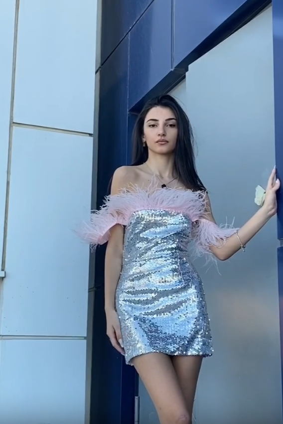 Kolari Off Shoulder Feather Sequin Mini Dress