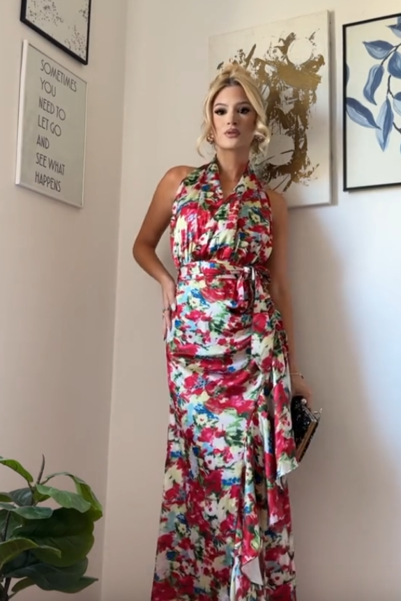 Unica Flower Printed Halter Ruffled Dress