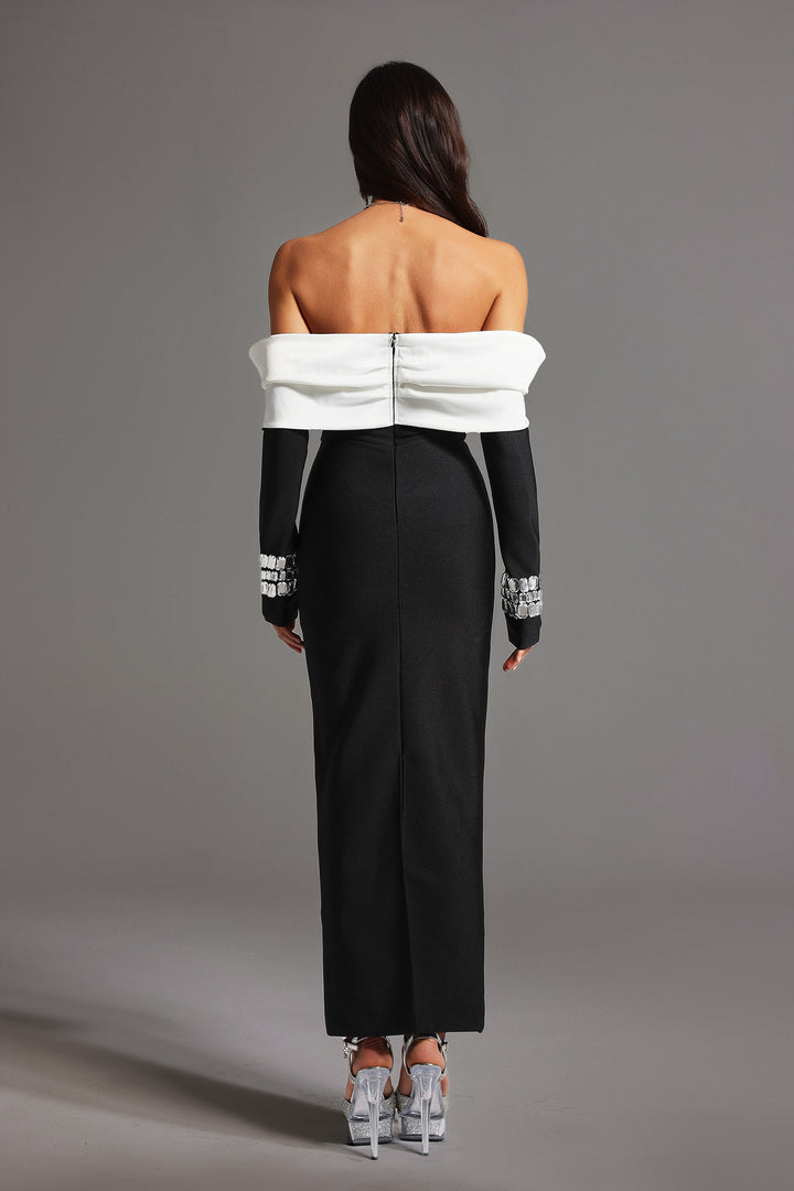Derlyn Straight Shoulder Long Sleeve Diamond Bandage Maxi Dress