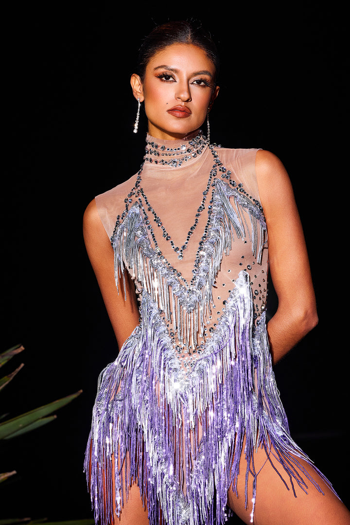 Pedra Sleeveless Diamond Tassel Netting Mini Dress