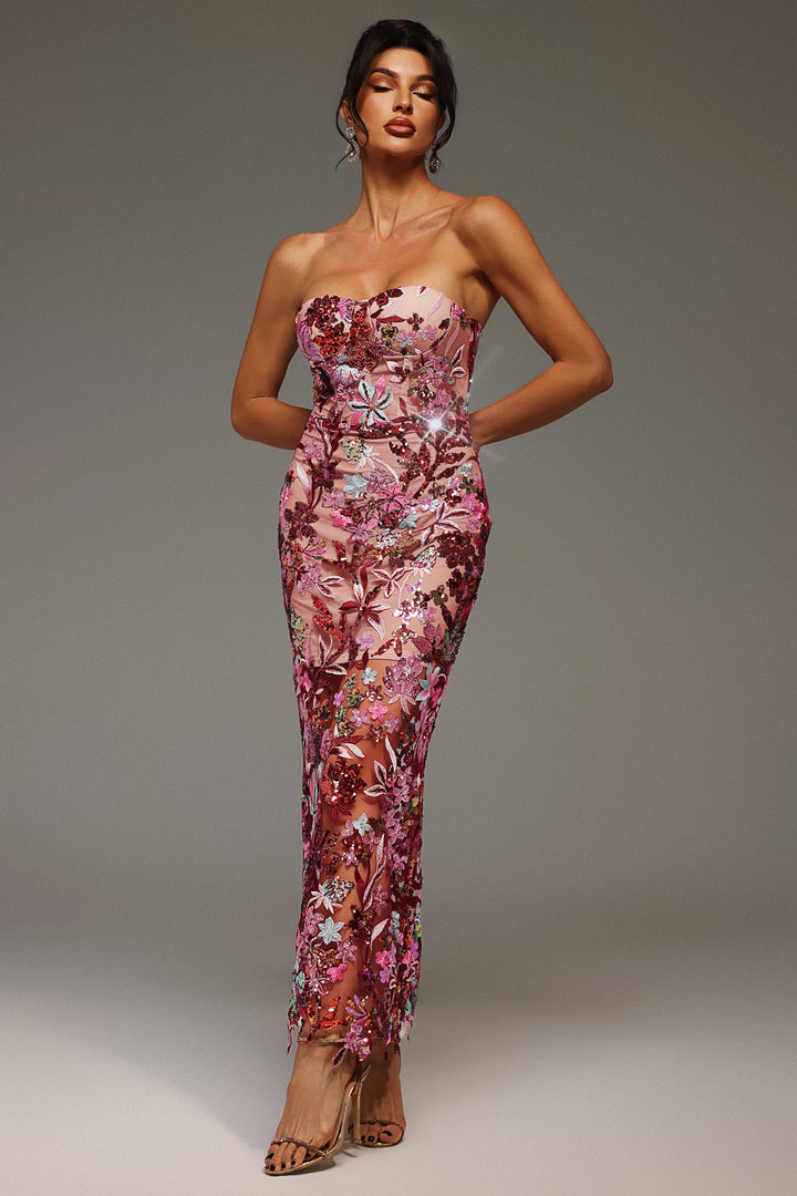 Lilya Off-the-Shoulder Embroidery Sequin Maxi Dress