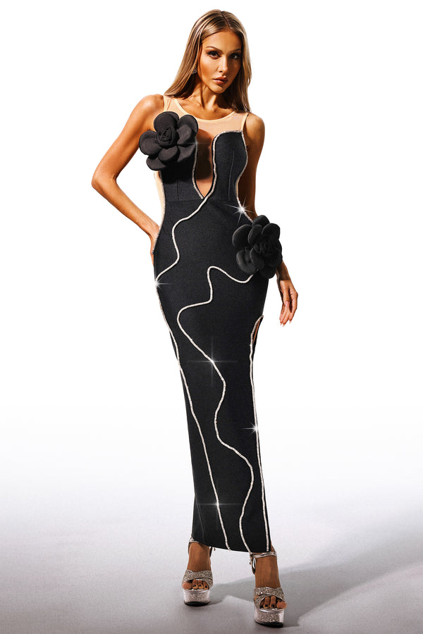 Tanya V-Neck Slit Hollow out Flowers Bandage Maxi Dress