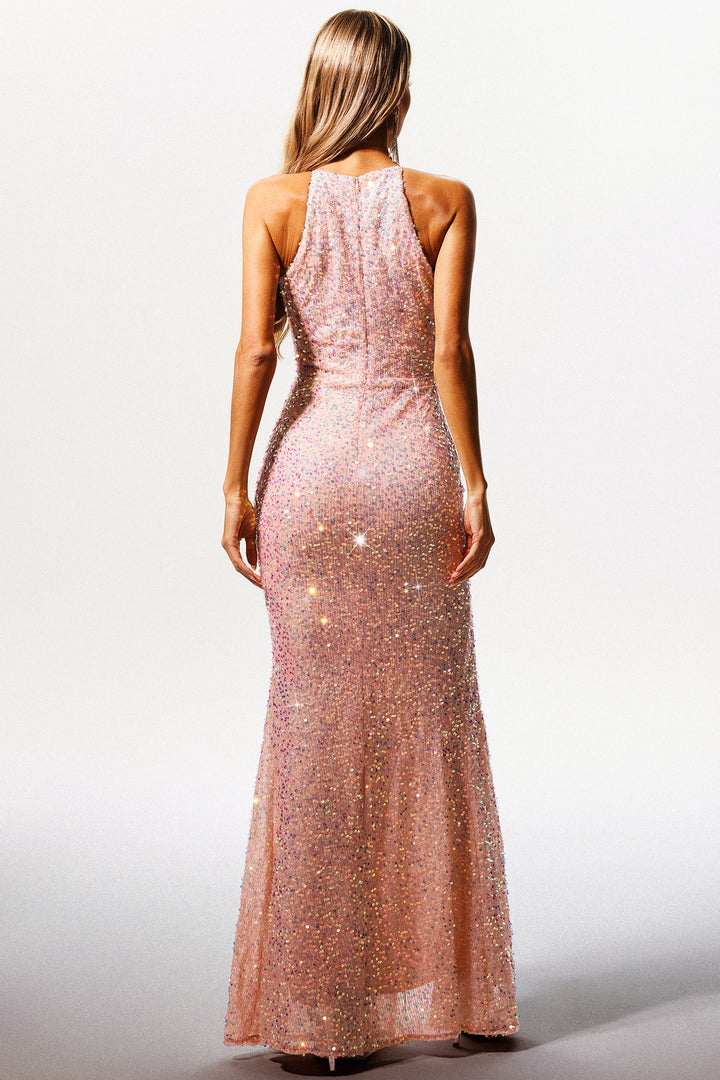 Reminisce Halter Sequin Slit Sleeveless Maxi Dress