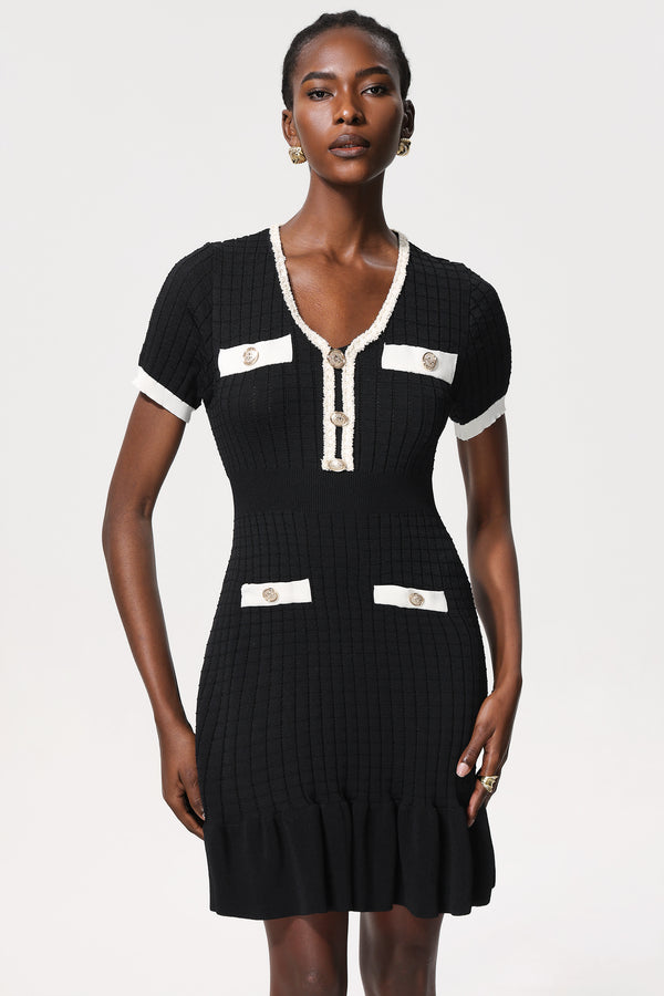 Loulia Gold Button Short Sleeves Fishtail Knitted Mini Dress