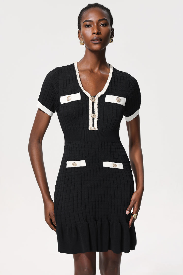 Loulia Gold Button Short Sleeves Fishtail Knitted Mini Dress