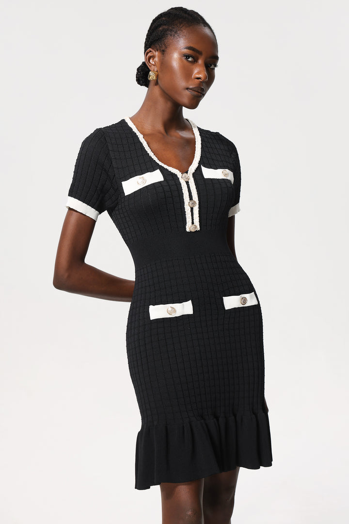 Loulia Gold Button Short Sleeves Fishtail Knitted Mini Dress