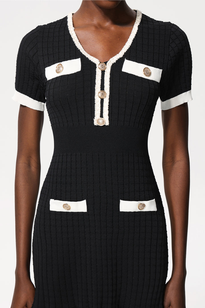 Loulia Gold Button Short Sleeves Fishtail Knitted Mini Dress