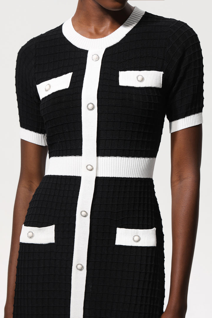 Estrela Short Sleeves Pearls Button Knitted Mini Dress