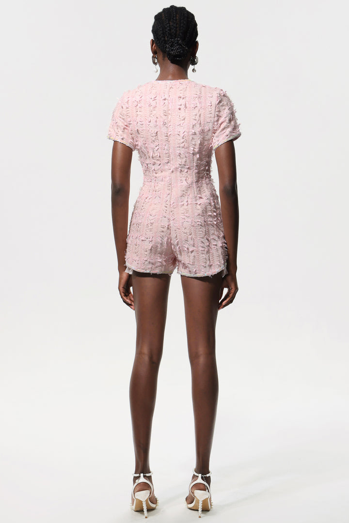 Ikala Short Sleeves Diamond Button Tweed Jumpsuit