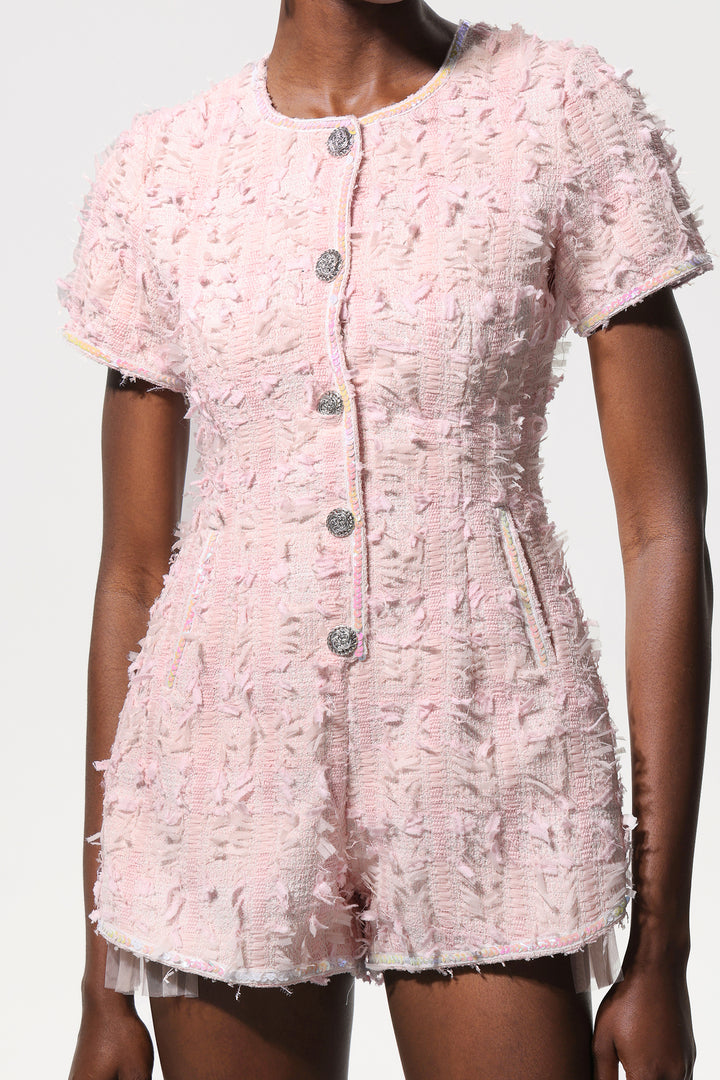 Ikala Short Sleeves Diamond Button Tweed Jumpsuit