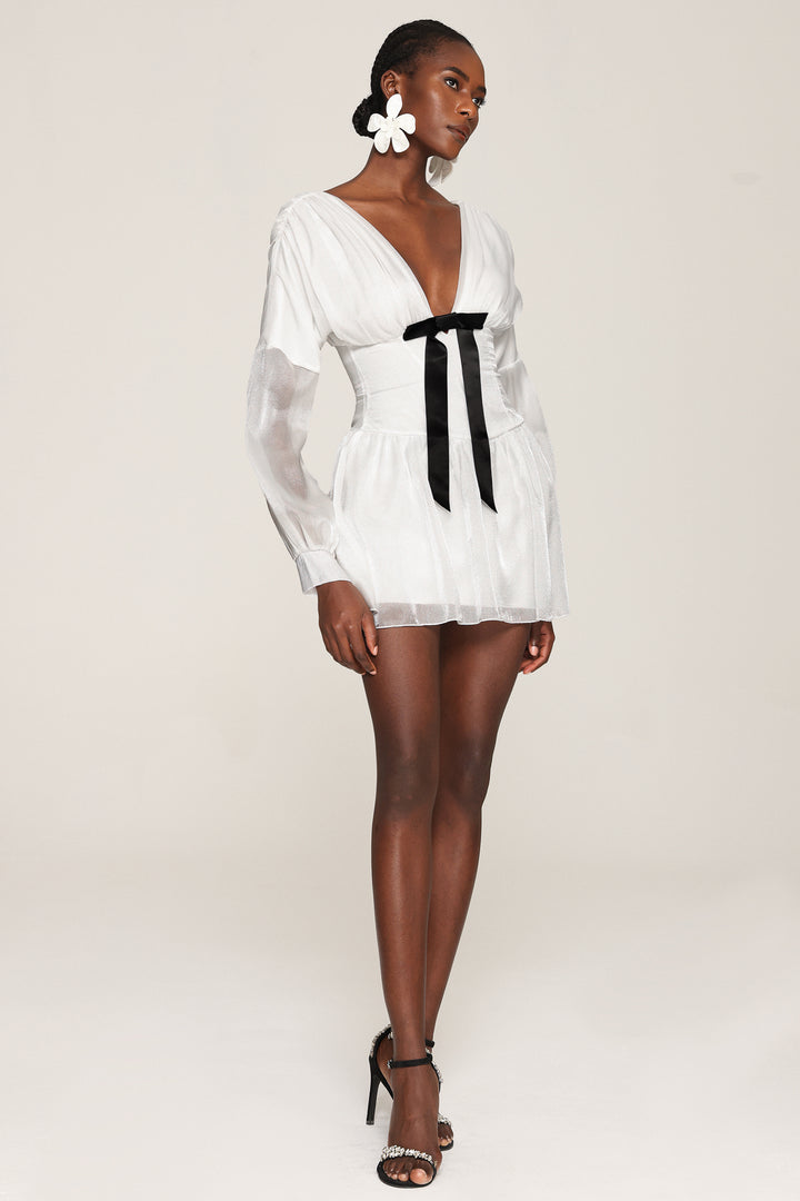 Steffi V Neck Bowknot Long Sleeves Mini Dress
