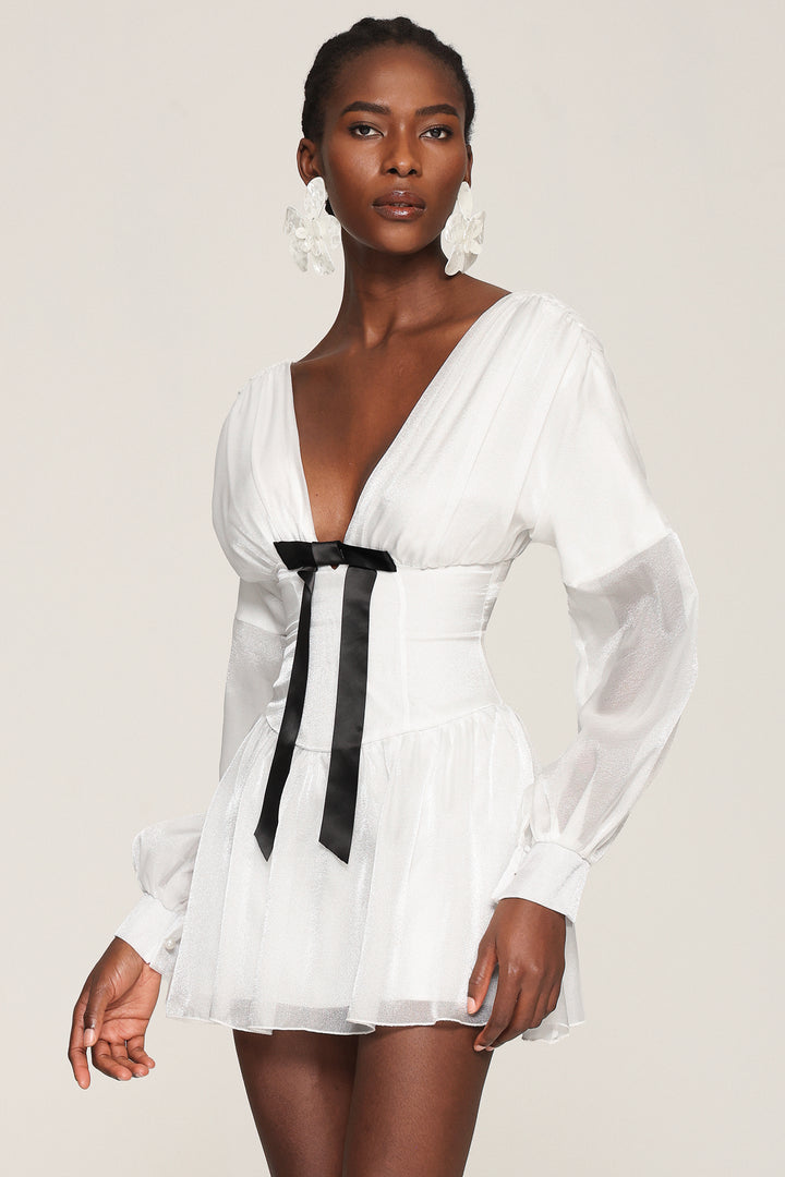 Steffi V Neck Bowknot Long Sleeves Mini Dress