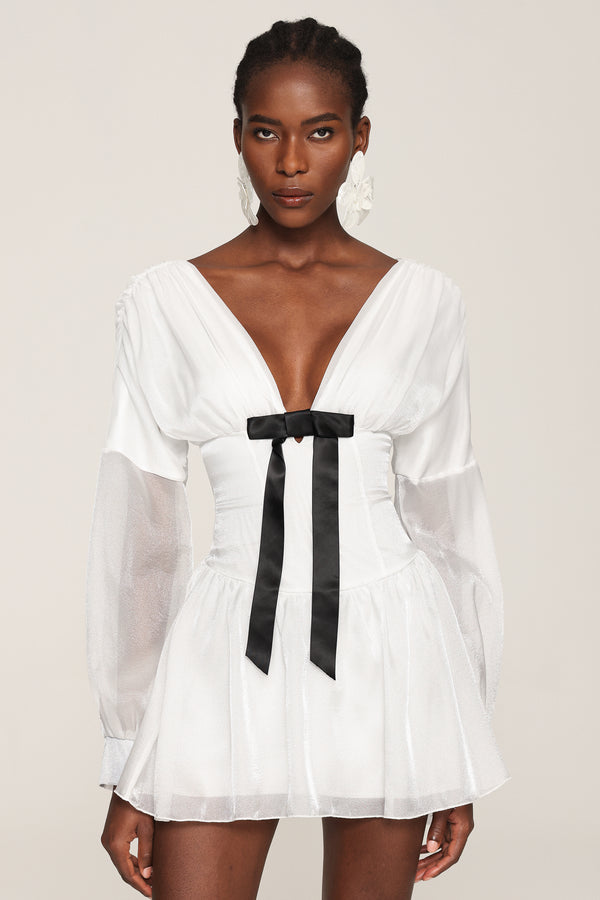 Steffi V Neck Bowknot Long Sleeves Mini Dress