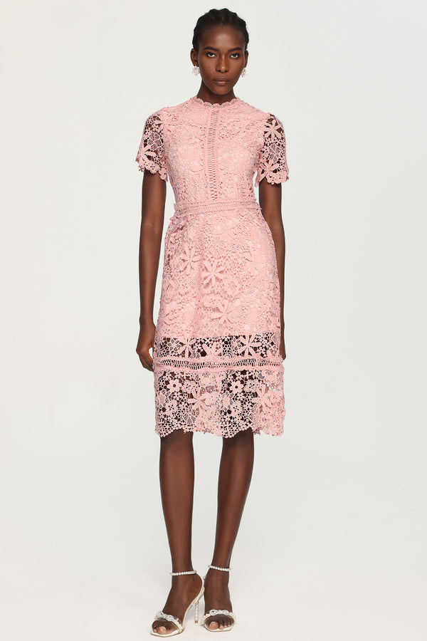 Viney Short Sleeves Hollow Out Lace Midi Dress