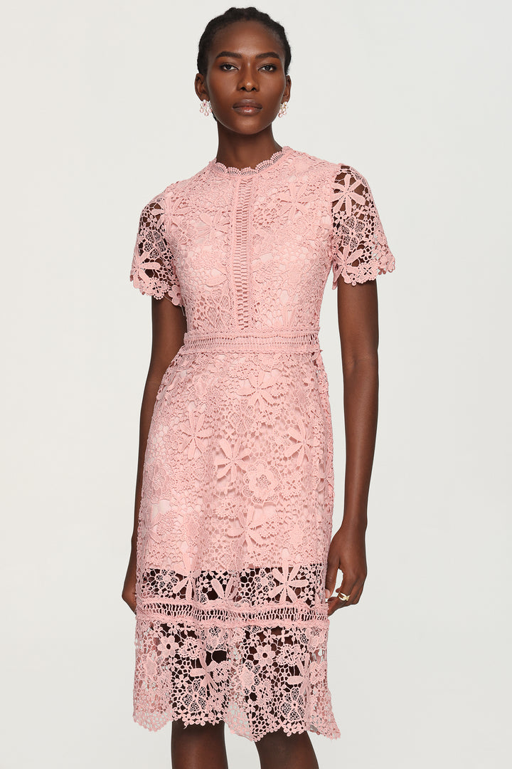 Viney Short Sleeves Hollow Out Lace Midi Dress