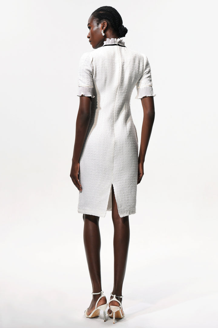 Vedasa Bowknot Pearls Button Tweed Midi Dress