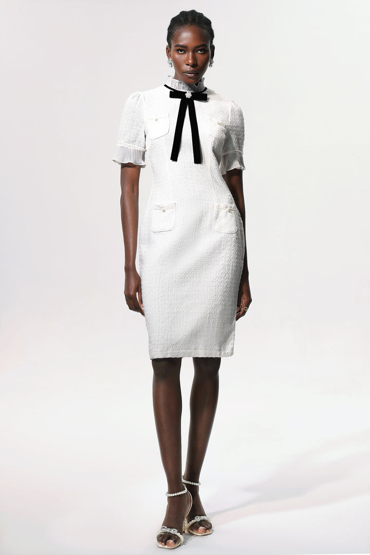 Vedasa Bowknot Pearls Button Tweed Midi Dress