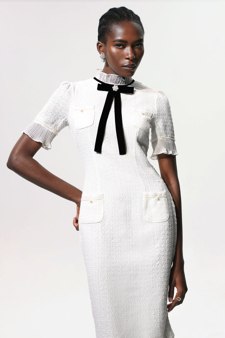 Vedasa Bowknot Pearls Button Tweed Midi Dress