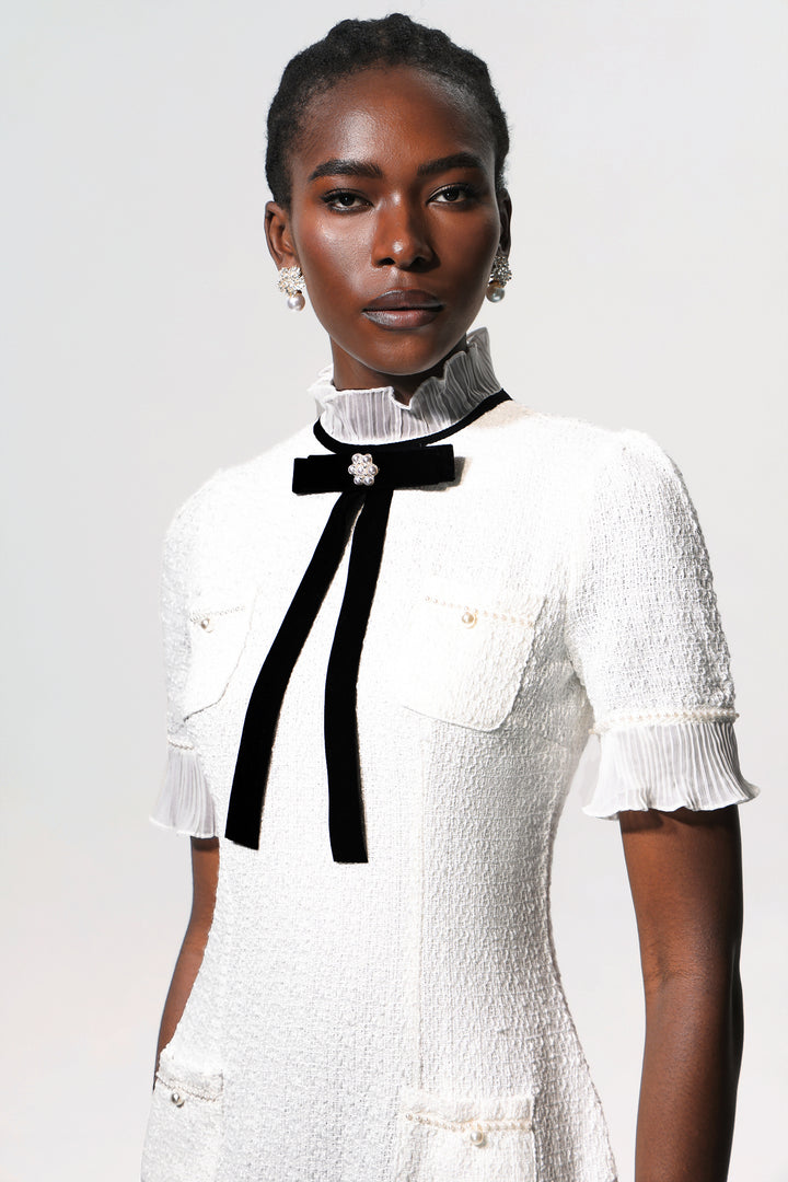 Vedasa Bowknot Pearls Button Tweed Midi Dress