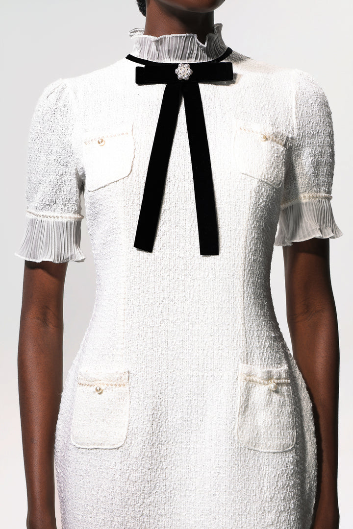 Vedasa Bowknot Pearls Button Tweed Midi Dress