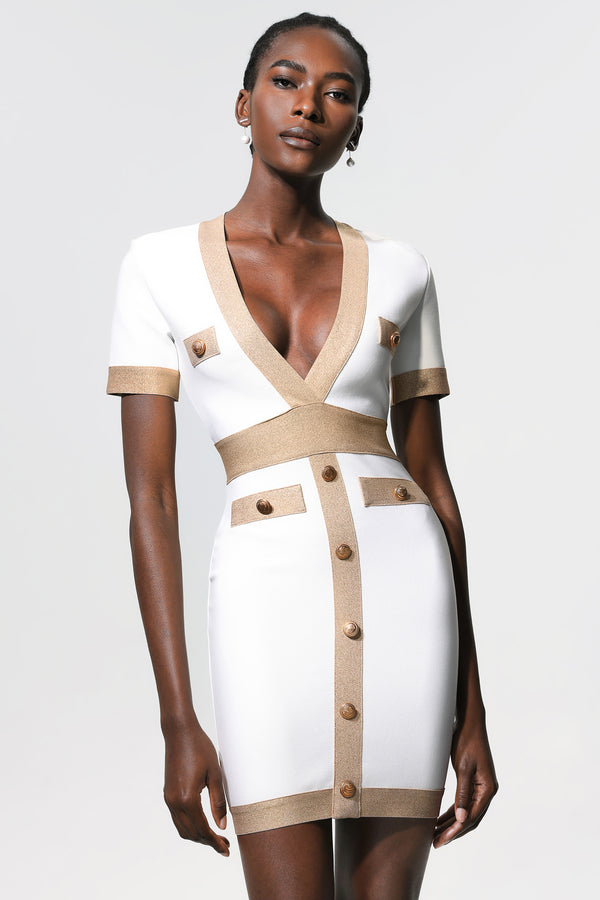 Julieta Gold Button Deep-V Short Sleeves Mini Dress