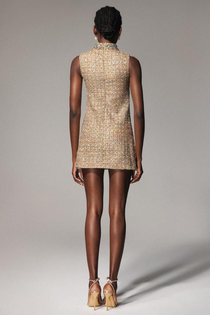 Jillian Diamond Mid-Neck Sleeveless Tweed Mini Dress