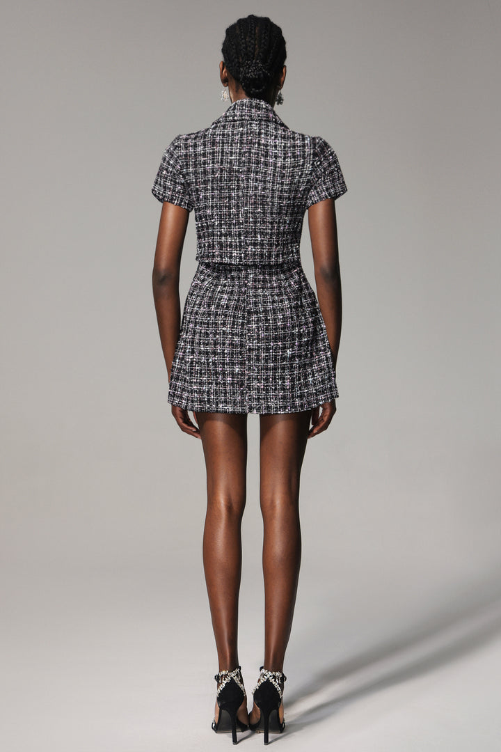 Temaie Lapel Short Sleeves Tweed Mini Dress
