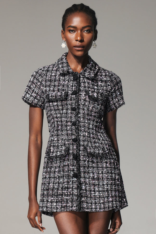 Temaie Lapel Short Sleeves Tweed Mini Dress