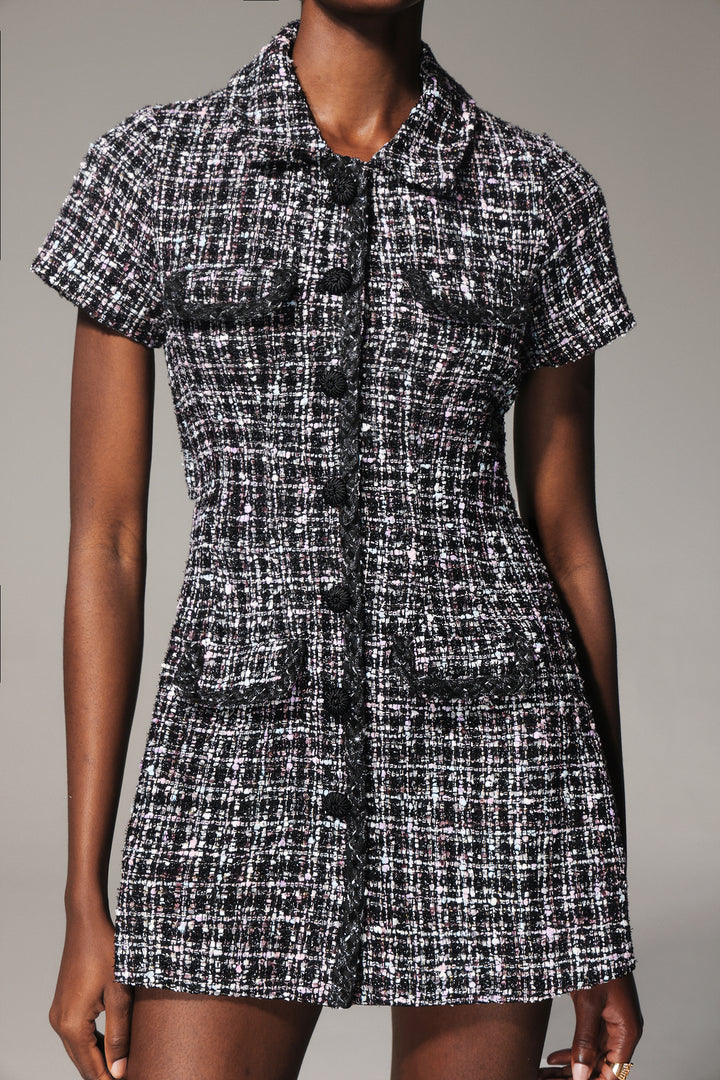 Temaie Lapel Short Sleeves Tweed Mini Dress